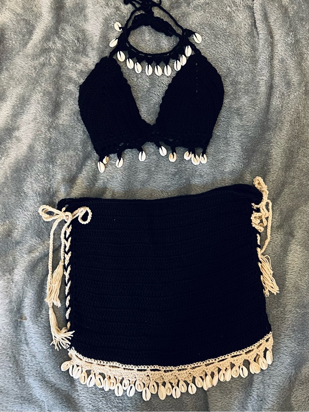 Black Crochet Bikini Top & Skirt Set with Shell Trim